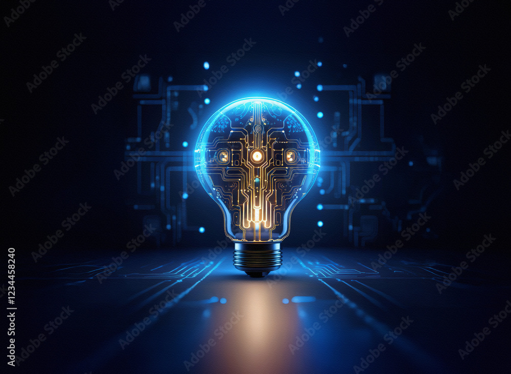 Leinwandbilder a glowing lightbulb with intricate circuit board inside, set against a dark background with digital 
