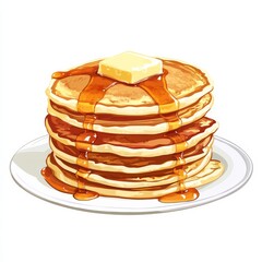 A stack of fluffy buttermilk pancakes with melted butter and syrup, isolated white background, pop art style