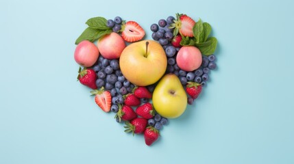An assortment of colorful fresh fruits arranged into a heart shape, evoking a sense of health and love.