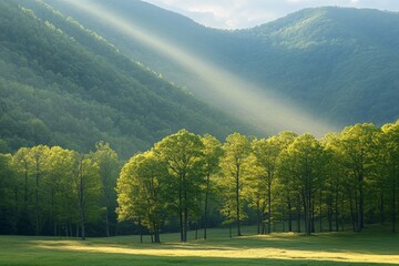 Obraz premium Sunlight streaming through trees in a serene mountain valley during morning hours