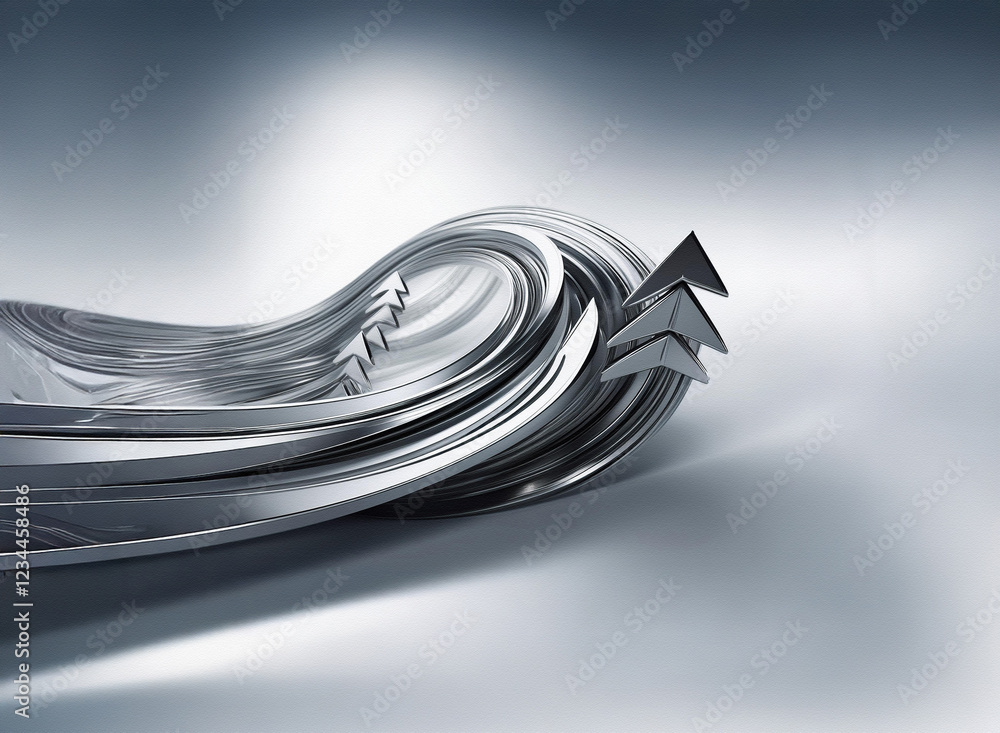 Poster abstract metallic sculpture. silver, flowing, wave-like form with pointed arrow tips. modern, sleek 