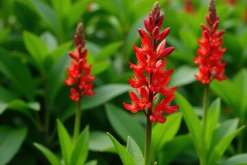 Tall red flowers of Lychnis chalcedonica bloom against a green leafy background, garden, landscape, flowers