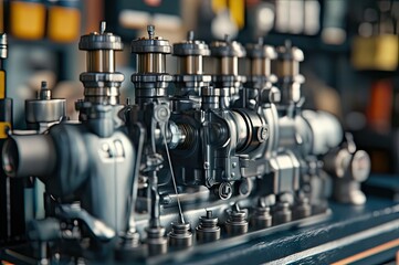 Obraz premium Diesel Engine Parts Assembled on a Workshop Table.