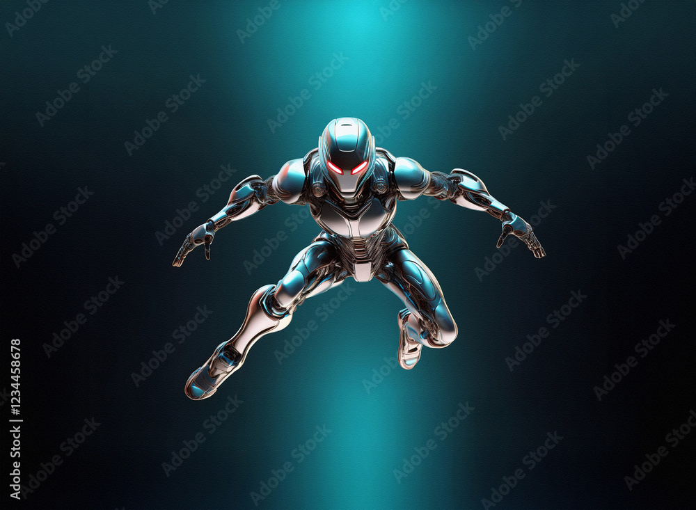 Poster a chrome android with glowing red eyes leaps forward, suspended against a teal backdrop. its metalli