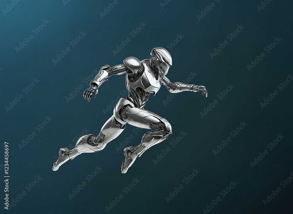 Poster a chrome robot, sleek and powerful, is depicted mid-leap, showcasing its dynamic movement and futuri
