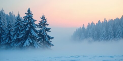 Thick fog covering winter spruce forest with trees silhouetted, scene, winter, peaceful