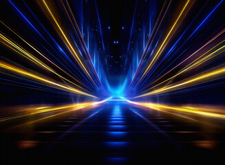 Obraz premium Abstract image of vibrant blue and gold light streaks converging on a dark, reflective surface, creating a dynamic, futuristic tunnel effect.