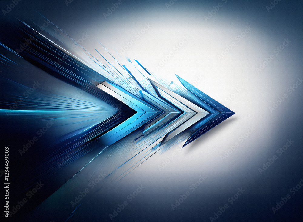 Poster abstract digital art depicting a dynamic, three-dimensional arrow composed of layered, metallic blue