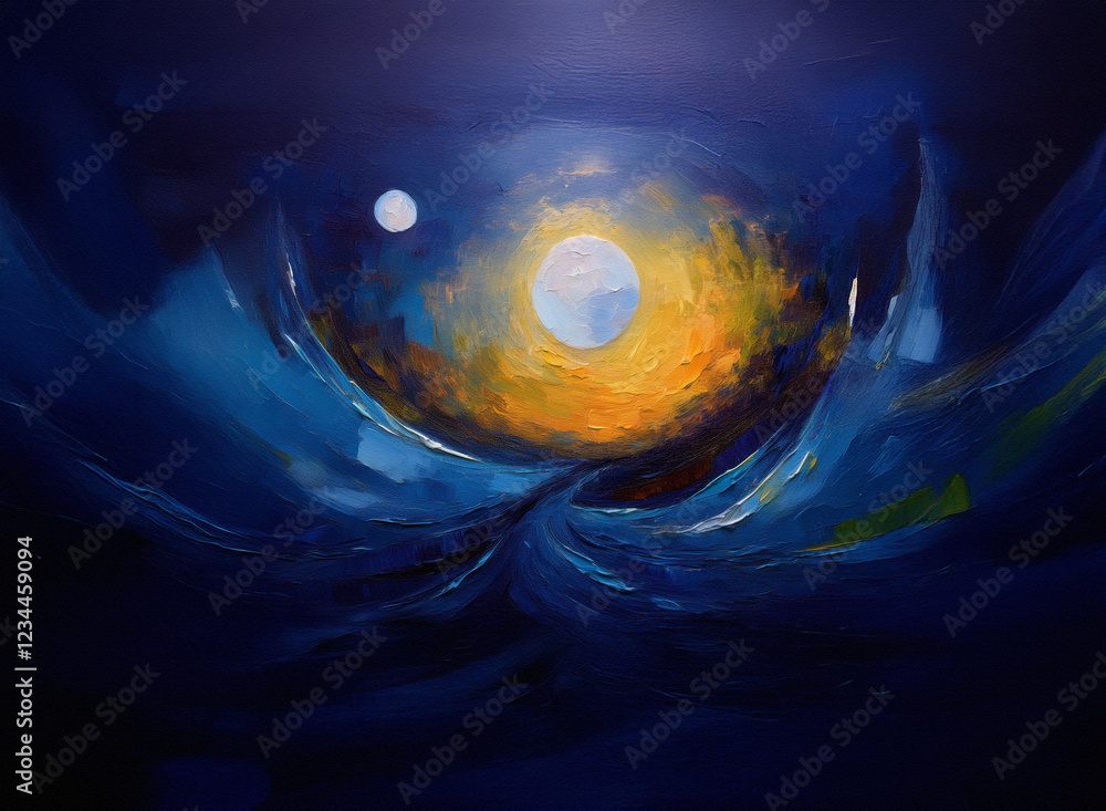 Poster a celestial landscape unfolds, vibrant blues and oranges swirling around a luminous orb. two smaller