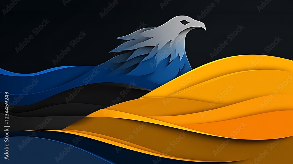Poster abstract layered eagle design with flowing blue and yellow shapes creating a dynamic scene