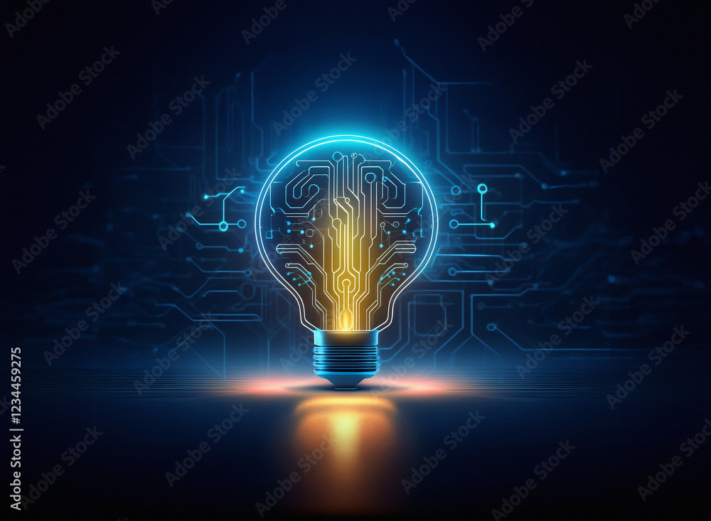 Poster Glowing lightbulb with circuit board inside, symbolizing innovation and technological advancement.  Its bright light illuminates a dark background with circuit patterns.