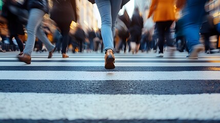Fototapeta premium Crowded City Crosswalk with People Walking, Urban Street Life and Motion Blur Effect