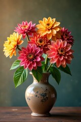 Warm golden light on colorful dahlias in a vintage vase, botanical, arrangement, flowers