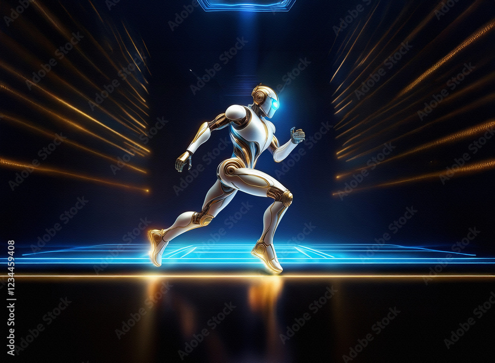 Poster a futuristic robot, sleek and white-gold, sprints through a glowing, technologically advanced corrid