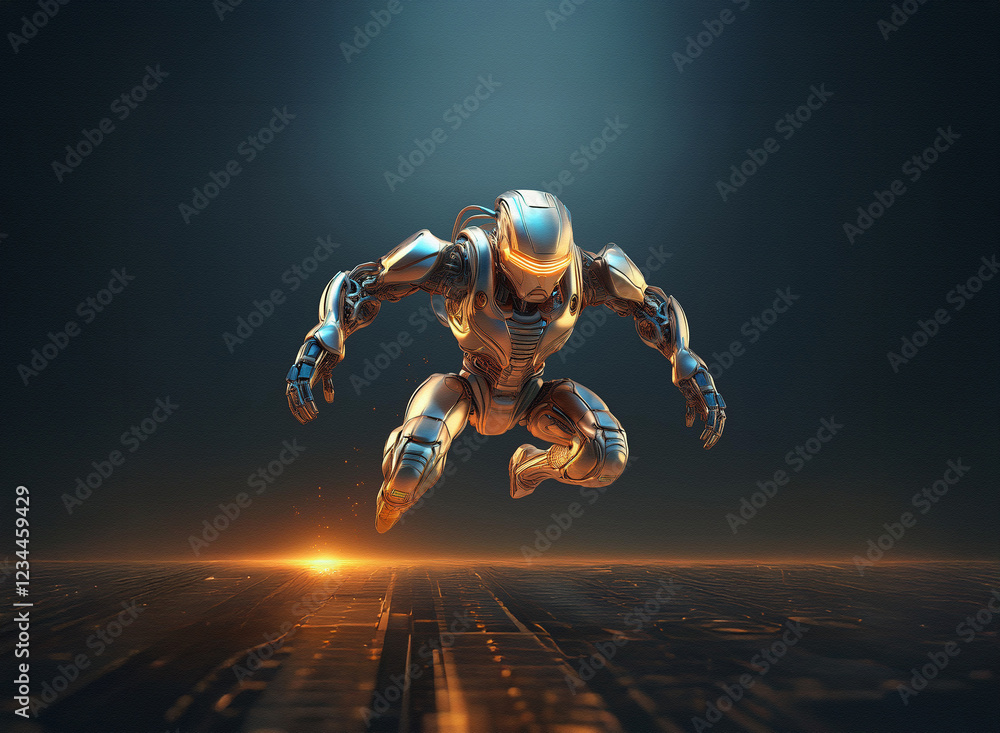 Poster A metallic robotic figure, gleaming and powerful, leaps forward in a dynamic pose.  The futuristic setting enhances its technological prowess and sense of action.