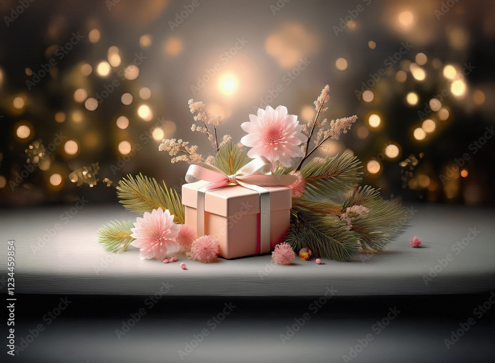 Poster a blush pink gift box adorned with a delicate ribbon and surrounded by soft pink flowers and pine sp