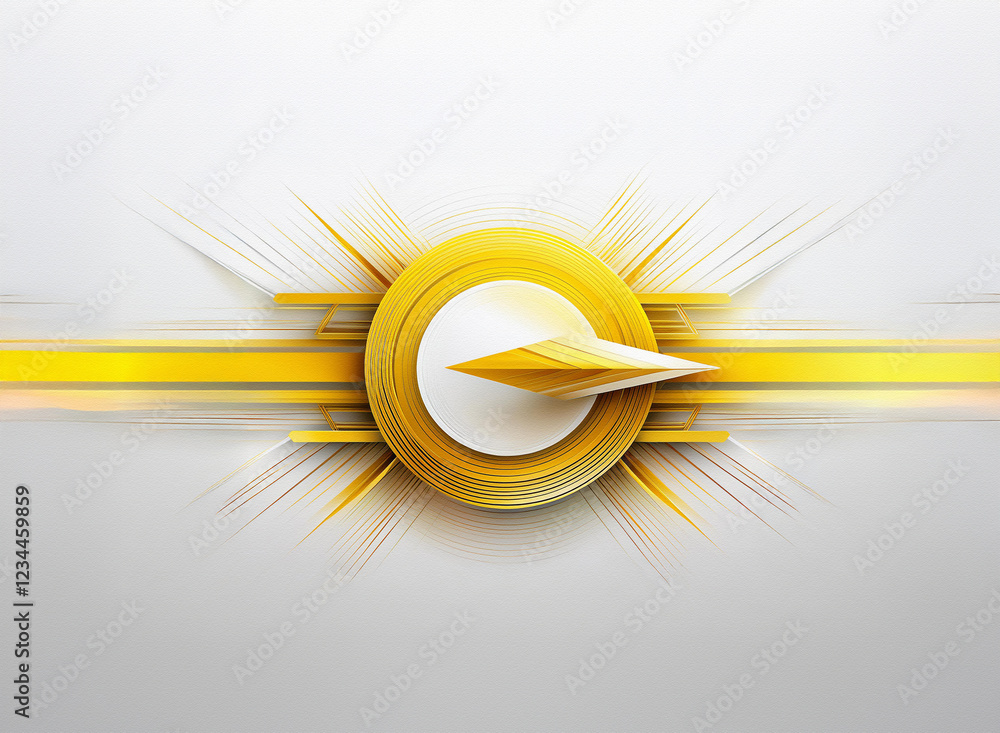Poster Abstract illustration of a dynamic, yellow, arrow-shaped design element within concentric circles, radiating energy and speed.  The background is a light gray.