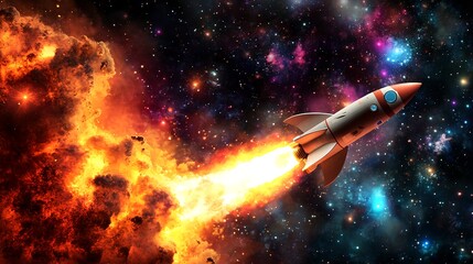 Cinematic View of Rocket Launching into Space with Fire and Smoke