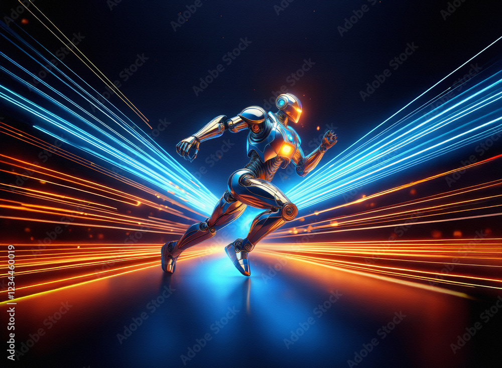 Poster a chrome android runs at incredible speed, streaks of light illuminating its path. the futuristic sc