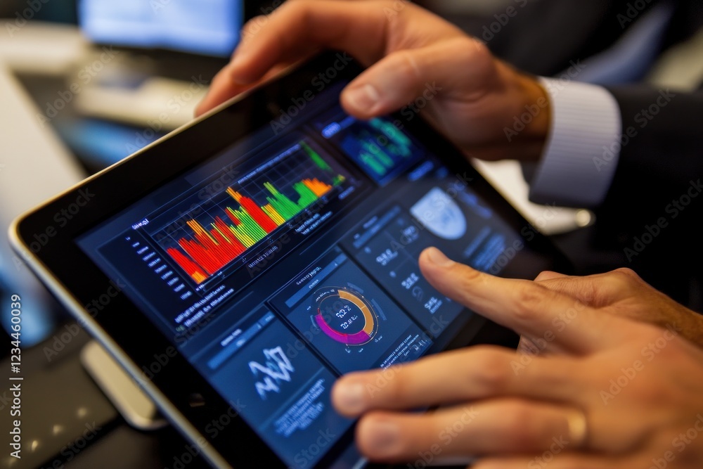 Poster two hands using a tablet displaying financial charts and graphs.