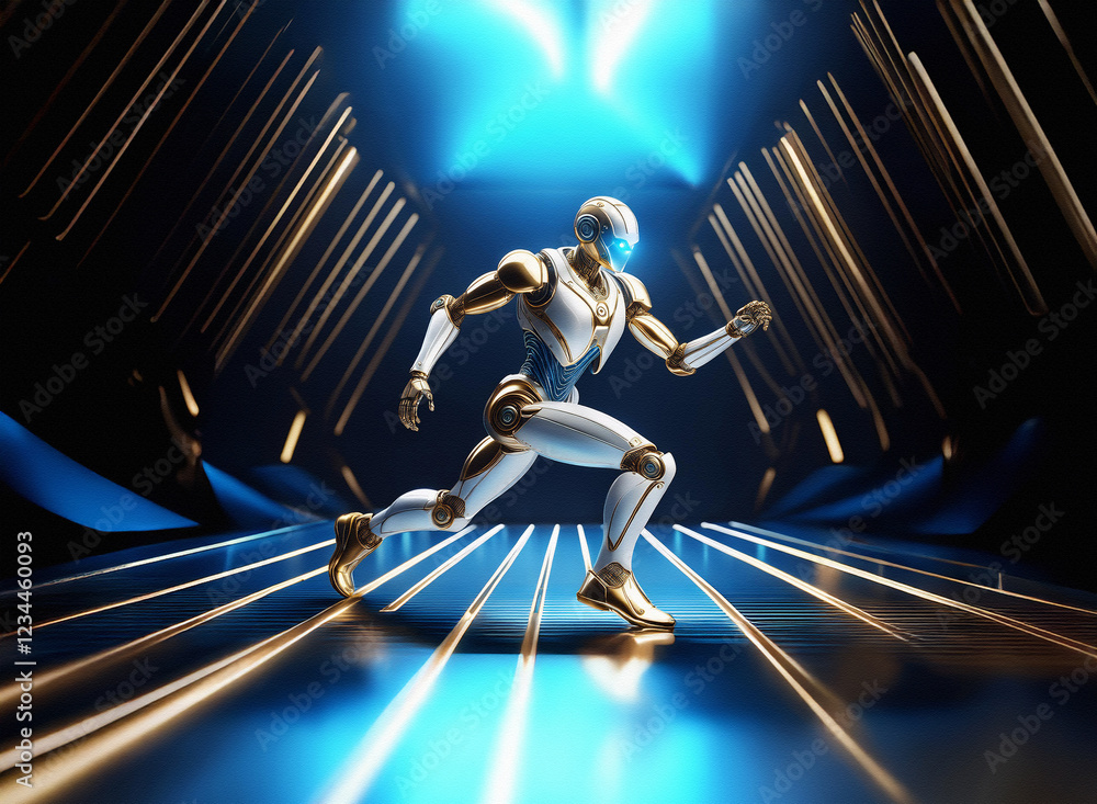 Poster a white and gold humanoid robot runs through a futuristic, blue-lit corridor. the sleek, metallic ro
