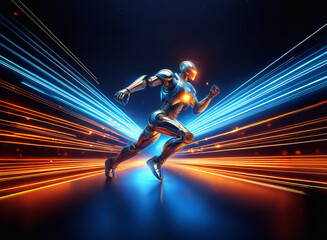 A chrome android runs at incredible speed, streaks of light illuminating its path.  The futuristic scene depicts motion and power.