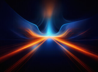 Abstract digital art depicting a vibrant, symmetrical light show.  Blue and orange hues converge, creating a dynamic, futuristic energy.  The perspective suggests movement and depth.