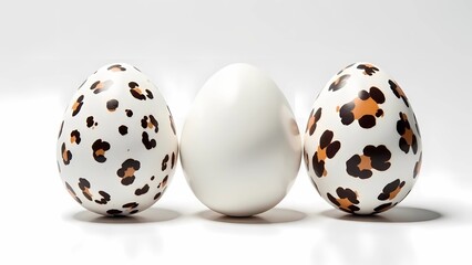 White eggs with leopard print on a white background. Happy Easter!