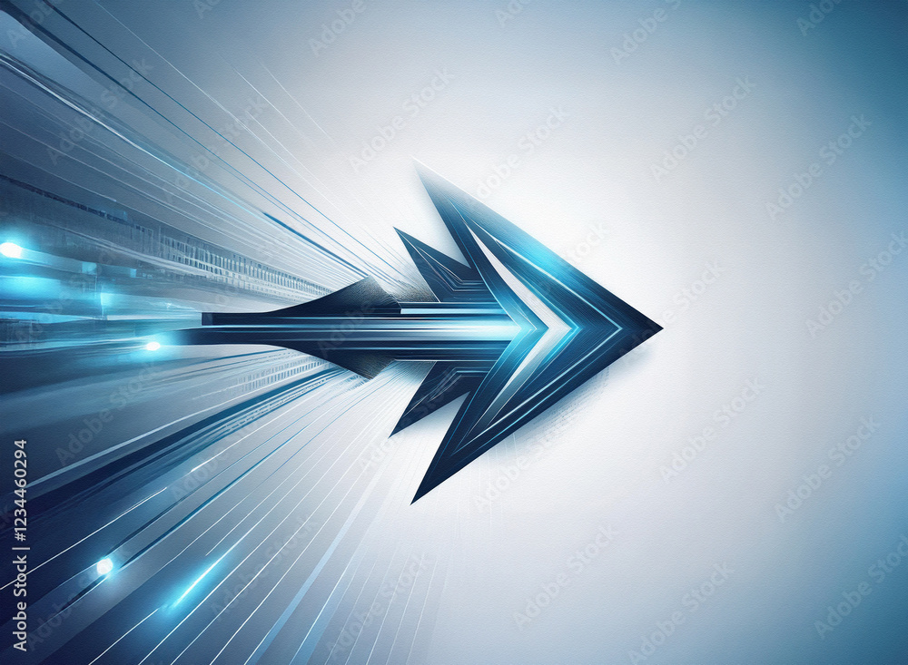 Poster abstract digital arrow, sleek and futuristic, speeding through a dynamic light trail. suggests rapid