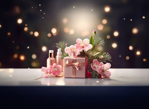 Elegant pink gift set with skincare products, adorned with delicate pink flowers and pine, sits on a white surface against a bokeh background.  Perfect for gifting.