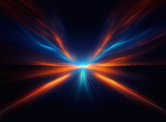 Abstract image depicting a vibrant, symmetrical light streak resembling a butterfly or wings emerging from a dark horizon.  The colors are predominantly orange, red, and blue.