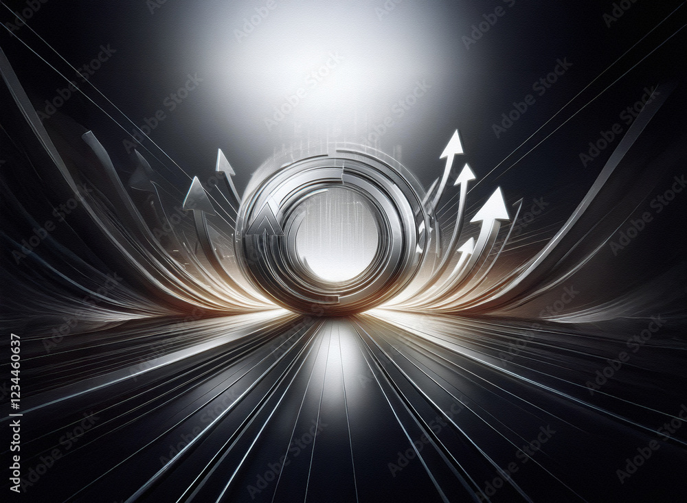 Poster abstract image of a metallic ring encircled by upward-pointing arrows, suggesting growth, progress, 