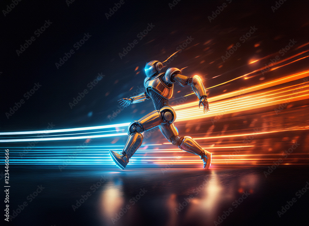 Poster a metallic robot runs at incredible speed, leaving trails of vibrant blue and orange light. its slee