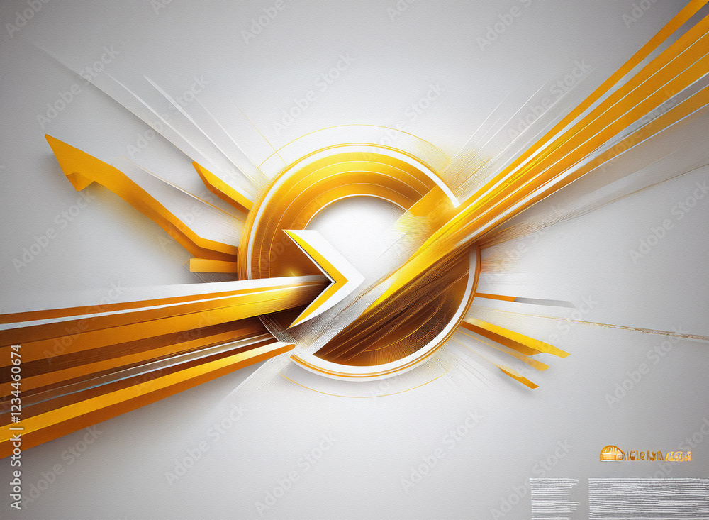 Poster Abstract image featuring dynamic gold arrows converging on a circular focal point, set against a light gray background.  The design evokes motion and progress.