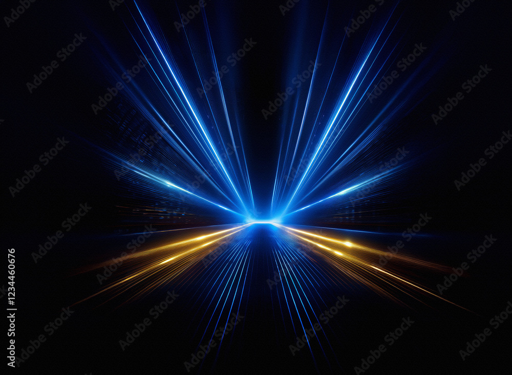 Aufkleber Abstract image of vibrant blue and gold light streaks converging at a central vanishing point on a dark background, suggesting speed and motion.  The symmetry and sharp lines create a sense of dynamis