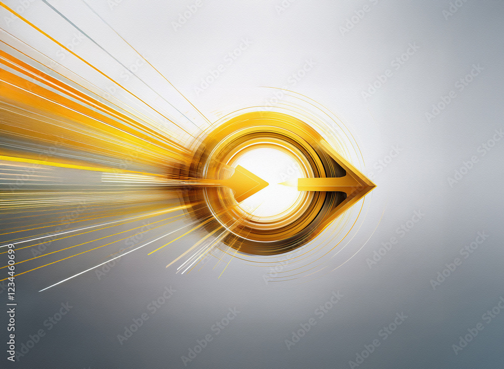Poster abstract image of a gold arrow-like symbol with radiating light streaks, suggesting speed and progre