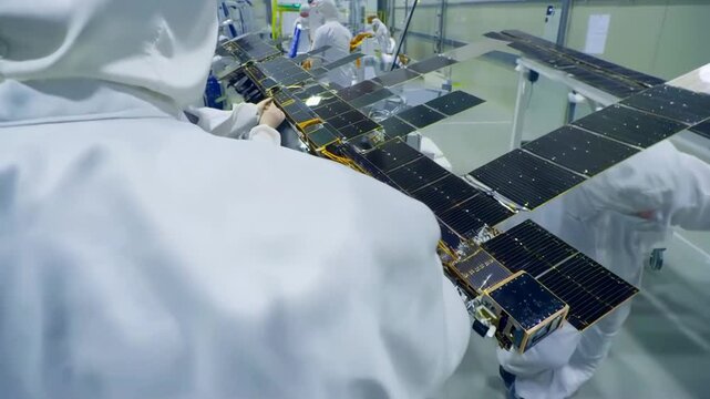 Engineers assembling satellite solar panels in clean room