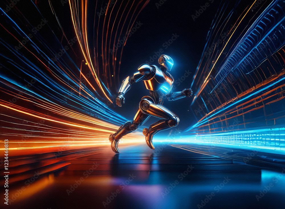 Poster a chrome robot runs through a futuristic, neon-lit tunnel, streaks of light blurring behind it. spee