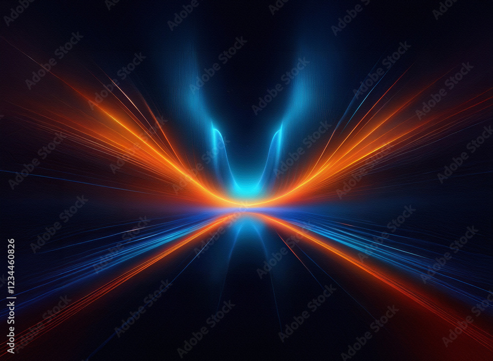 Poster abstract digital art depicting a vibrant, symmetrical light streak effect. orange and blue hues conv