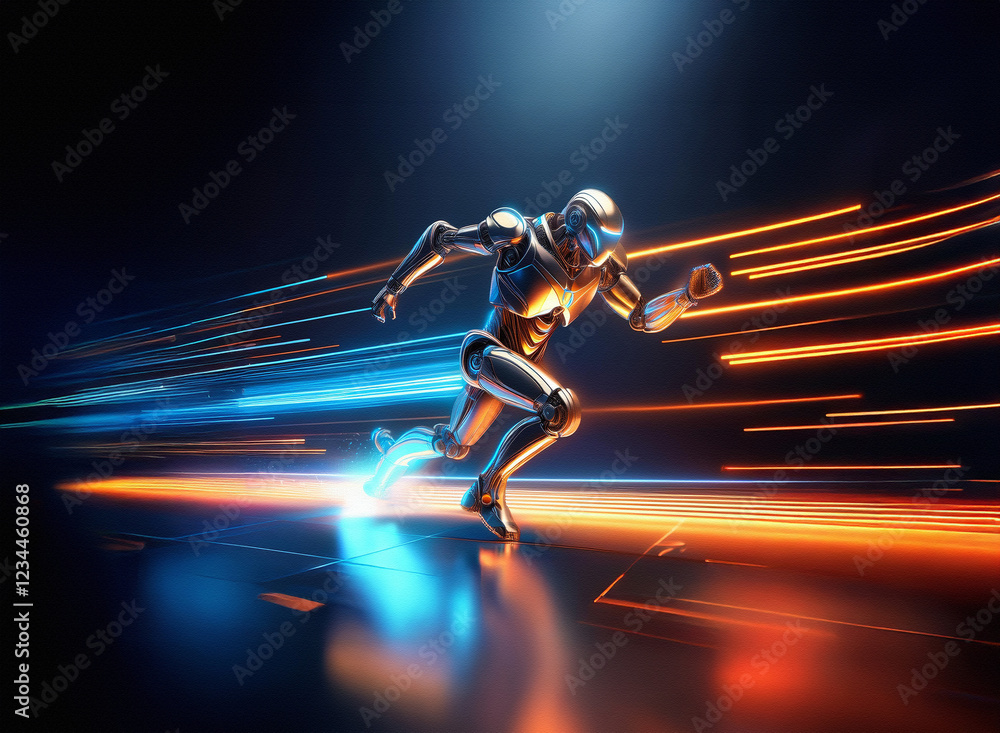 Poster a metallic robot, sleek and powerful, sprints across a futuristic track, leaving trails of vibrant b