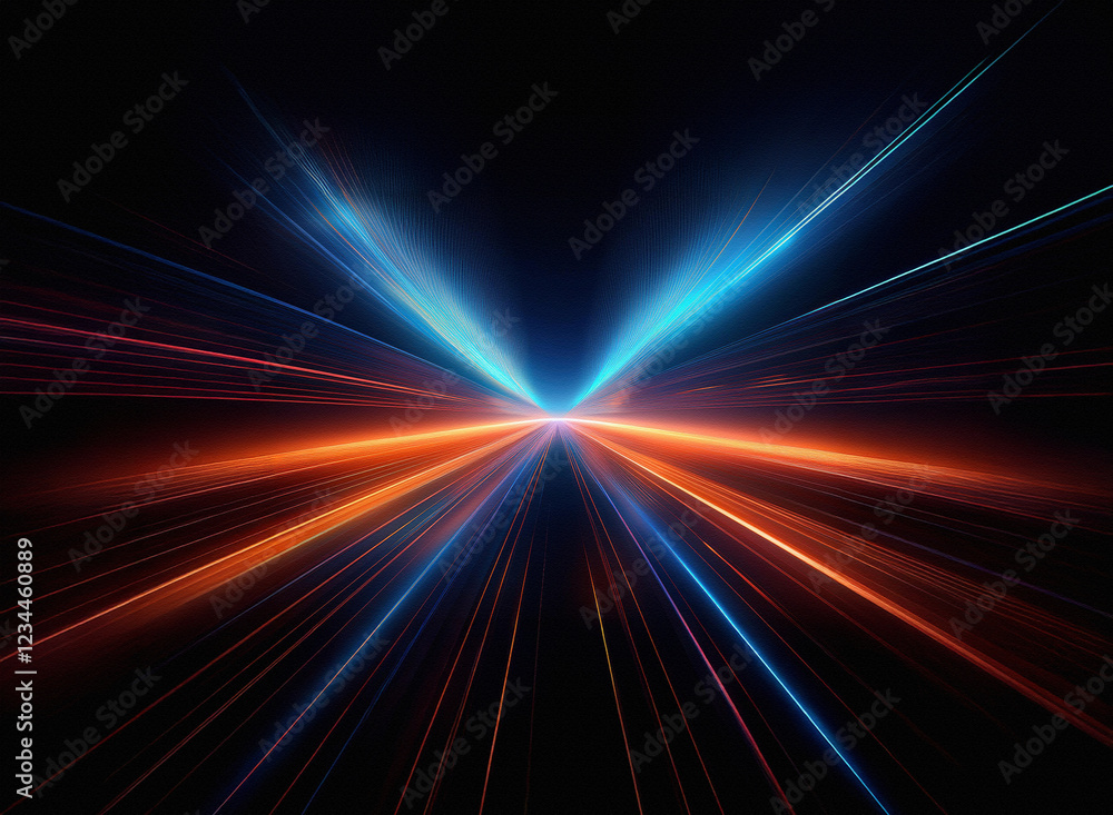 Poster Abstract image depicting a vibrant, dynamic light streak effect.  A central point of light explodes outward in streaks of blue and orange, suggesting speed and energy.  The dark background enhances th
