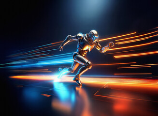 A metallic robot, sleek and powerful, sprints across a futuristic track, leaving trails of vibrant blue and orange light.  Its speed is breathtaking, blurring the lines of motion.