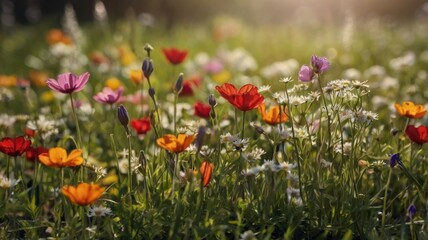 Obraz premium A vibrant flower meadow in spring, featuring a variety of colorful wildflowers such as poppies, daisies, and purple blooms. The soft sunlight adds warmth to the lush, green landscape