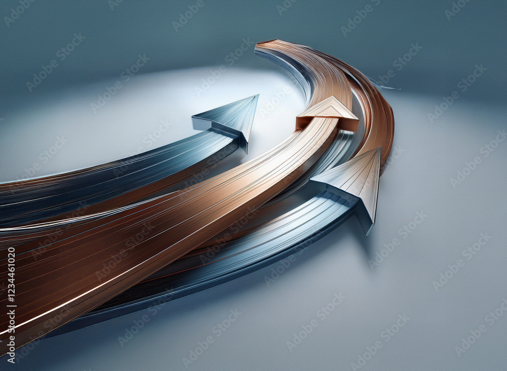 Aufkleber three metallic arrows curve and intertwine, suggesting cyclical progress and interconnected growth. 