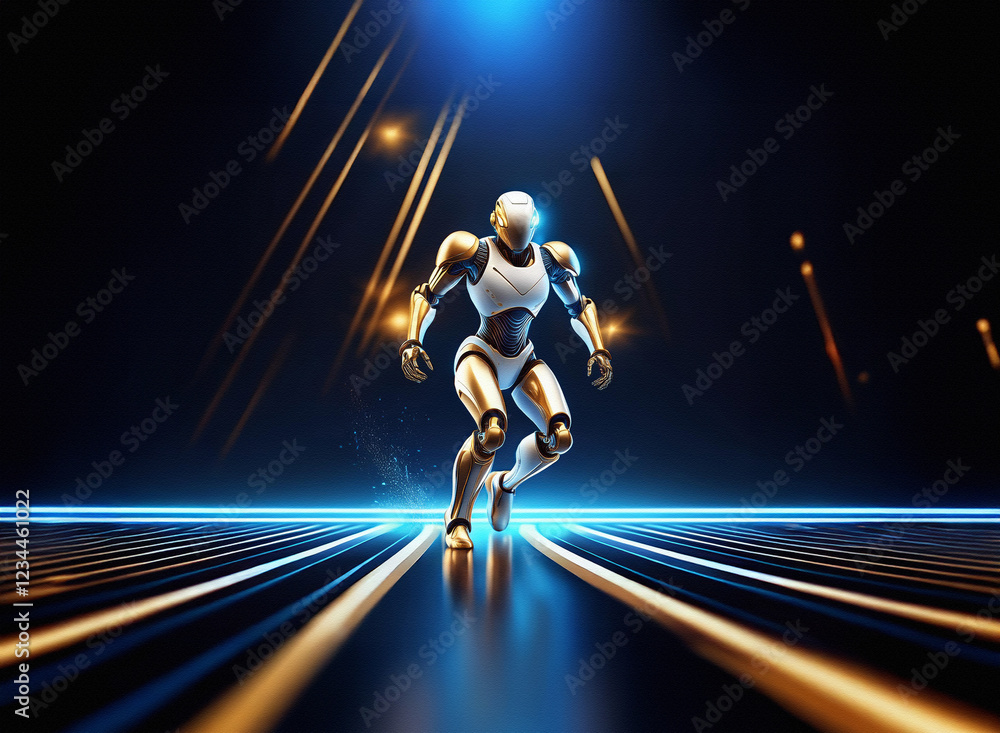 Aufkleber a futuristic gold and white robot strides forward on a glowing grid, streaks of light trailing behin