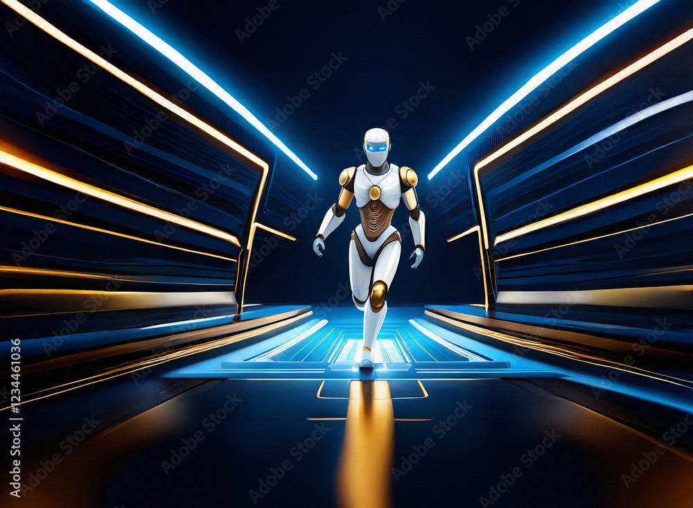Aufkleber a humanoid robot strides confidently down a futuristic, glowing corridor. the sleek design and vibra