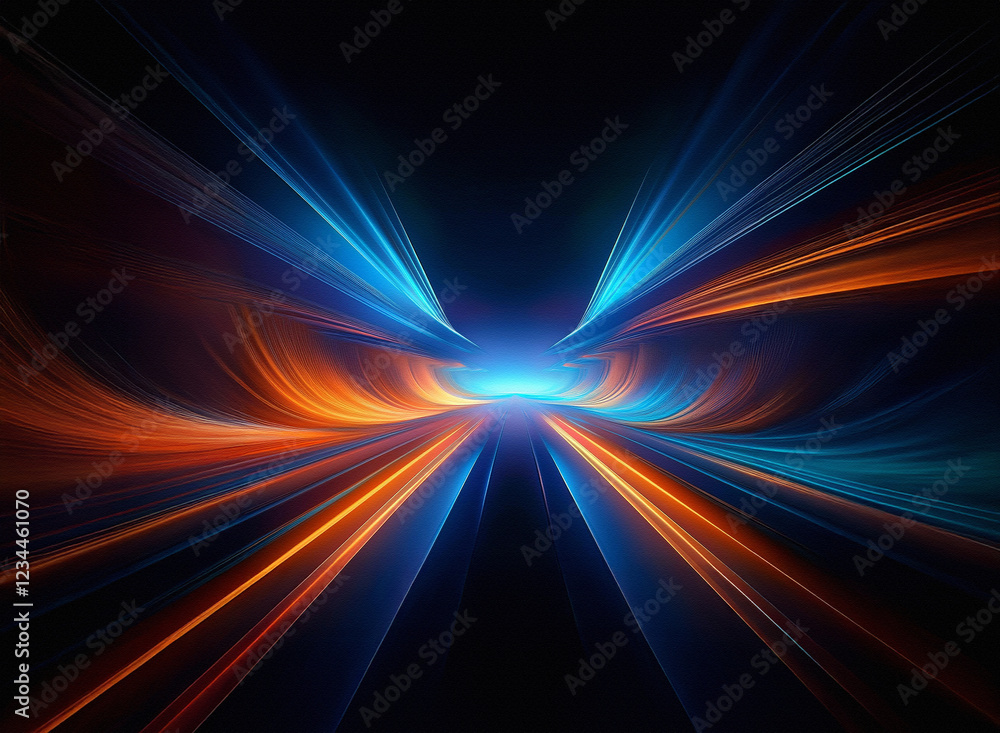 Poster Abstract image depicting a vibrant, dynamic energy flow.  Blazing trails of light in shades of blue and orange converge at a central point, creating a sense of speed and movement within a dark, immers