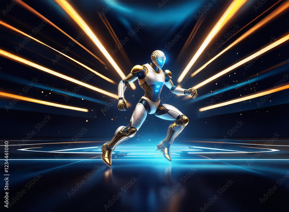Poster a futuristic robot, gleaming white and gold, strides forward amidst streaks of vibrant light. its po