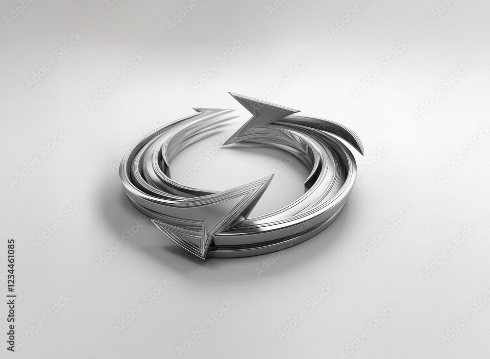 Poster Abstract 3D rendering of a circular metallic arrow design.  The swirling arrows suggest continuous motion and cyclical process.