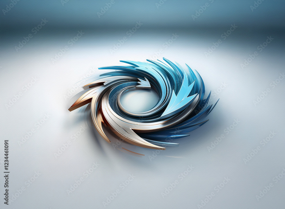 Poster abstract 3d rendering of swirling, metallic arrows forming a circular pattern. cool blue and bronze 